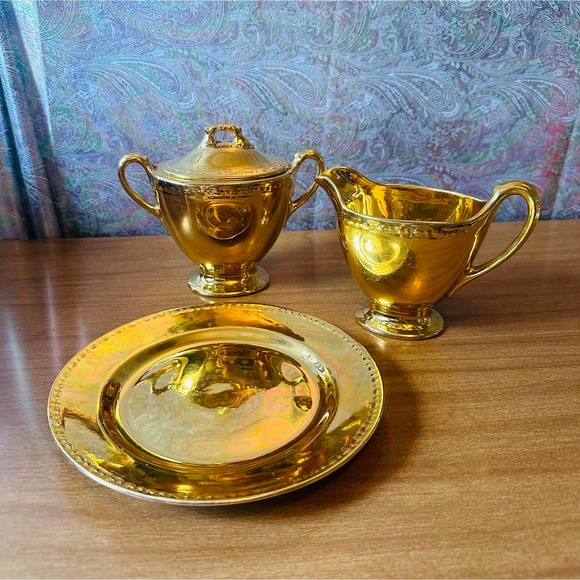 Homer Laughlin Georgian eggshell 22K gold lidded sugar creamer an dessert plate - Picture 1 of 10